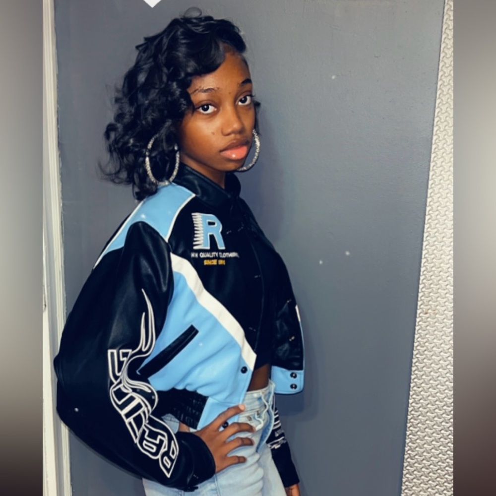 Black,blue and white biker/racer jacket